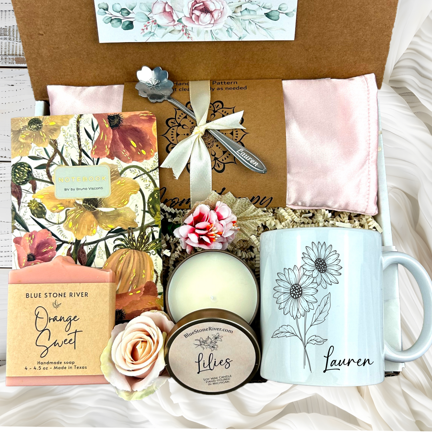 Birth Flower Mug Birthday Gift Basket for Women with Spa Kit