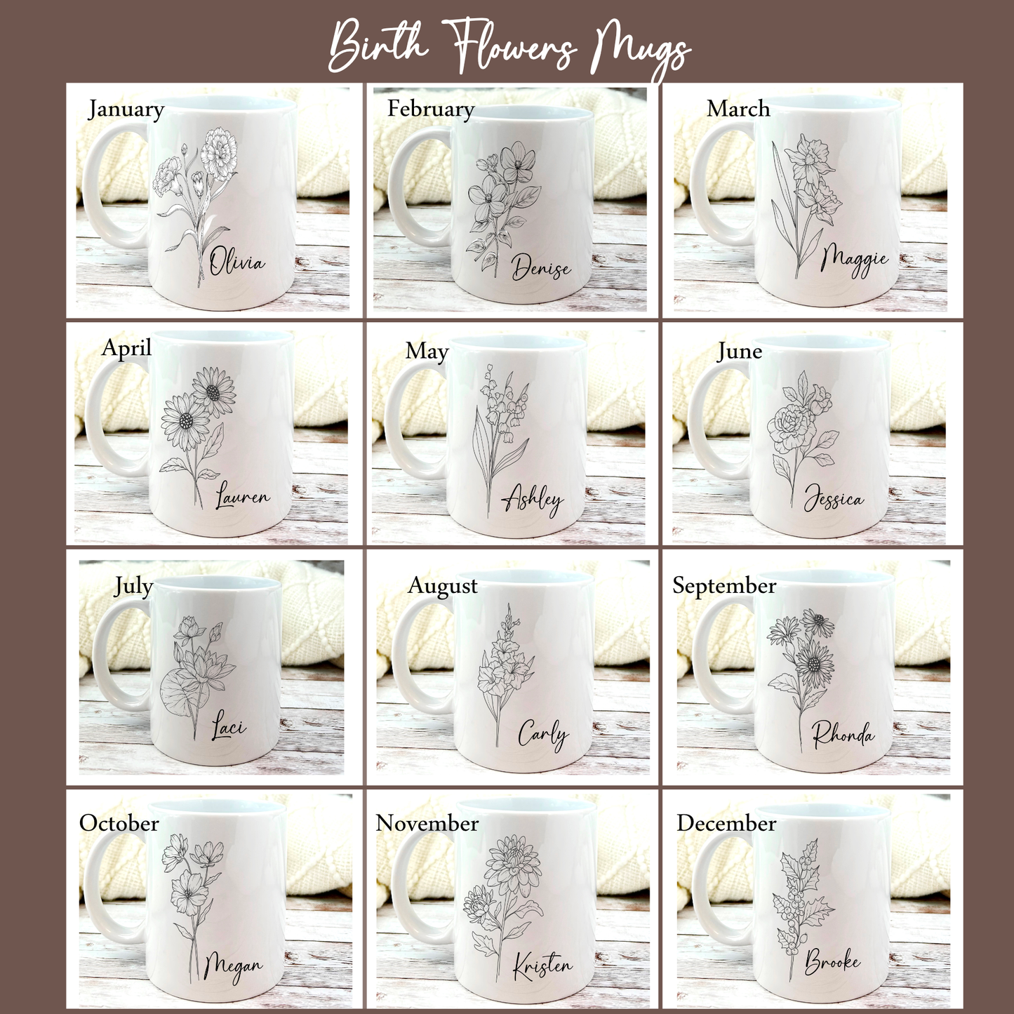 Birth Flower Birthday Present for Her with Personalized Birth Flower Mug