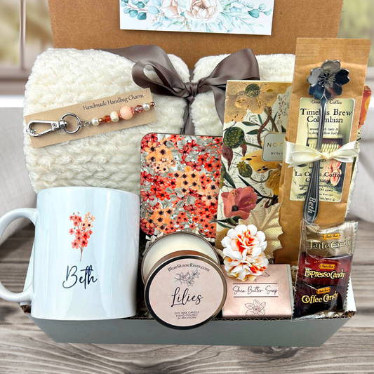 Gift Box with Blanket, personalized mug, engraved spoon, purse charm, coffee, candy, candle, notebook, soap and coaster in a blush bloom designs