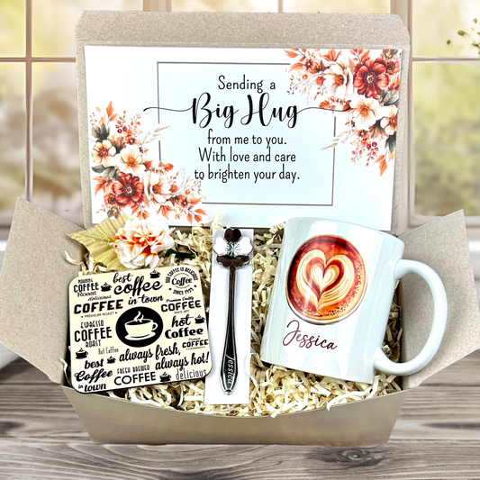 sending love and hugs care package with custom coffee mug