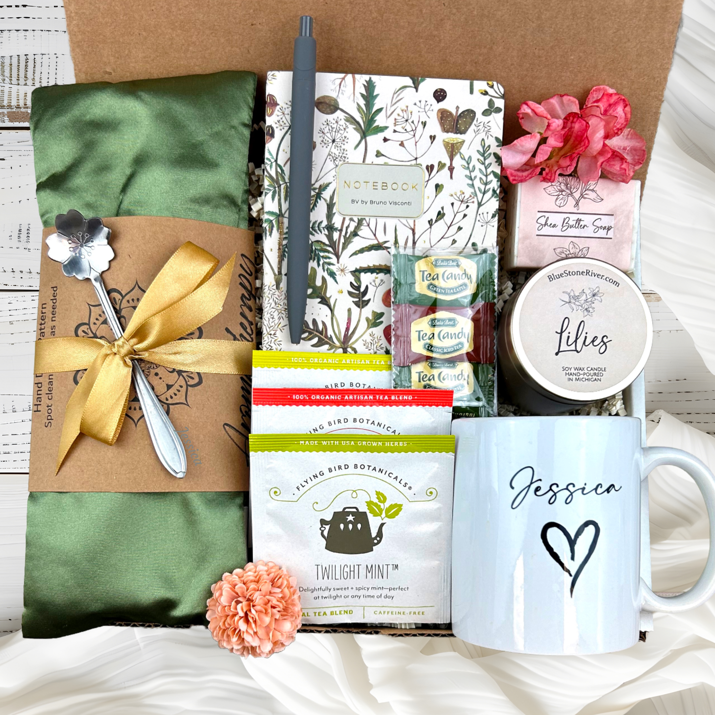 Birthday Gift Basket for Women with Aromatherapy Eye Pillow and Personalized Mug