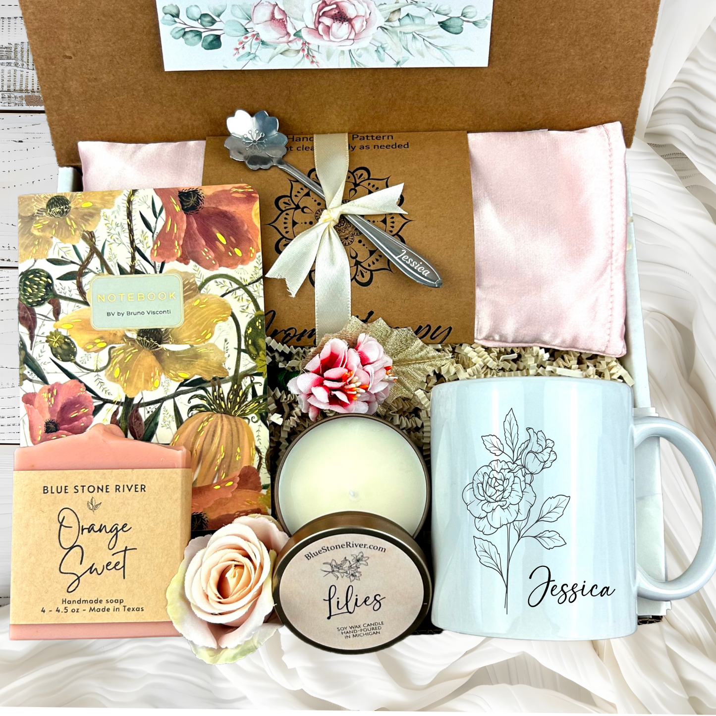 Birth Flower Mug Birthday Gift Basket for Women with Spa Kit