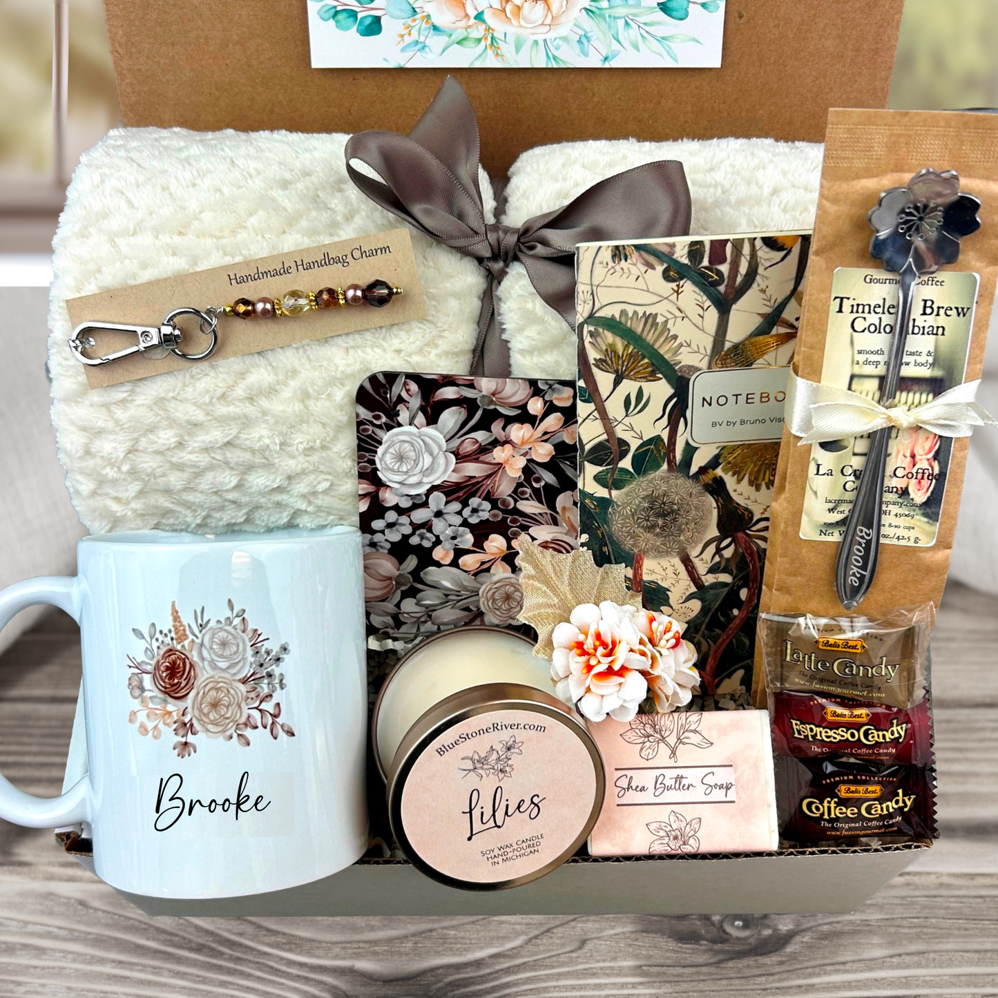 Retirement Gift Box with Blanket, personalized mug, engraved spoon, purse charm, coffee, candy, candle, notebook, soap and coaster in a coffee lover design