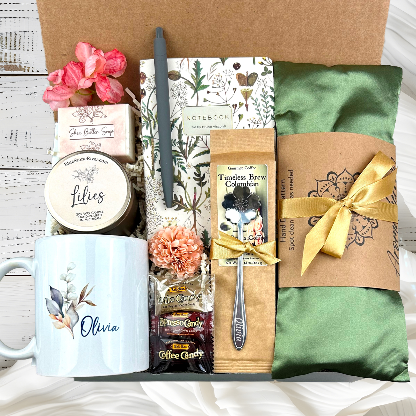 Birthday Gift Basket for Women with Aromatherapy Eye Pillow and Personalized Mug