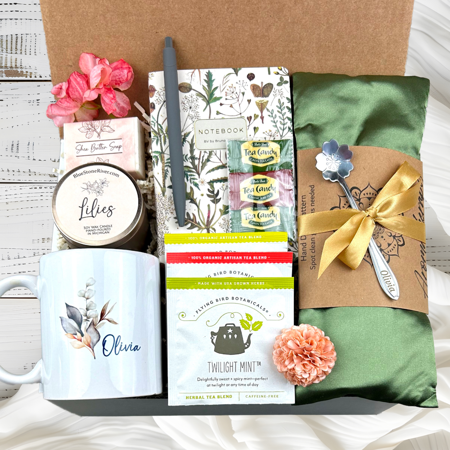 Birthday Gift Basket for Women with Aromatherapy Eye Pillow and Personalized Mug