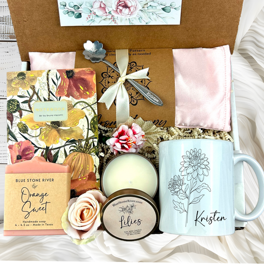 Birth Flower Mug Birthday Gift Basket for Women with Spa Kit