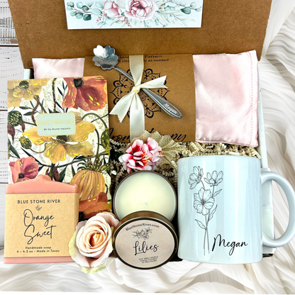 Birth Flower Mug Birthday Gift Basket for Women with Spa Kit