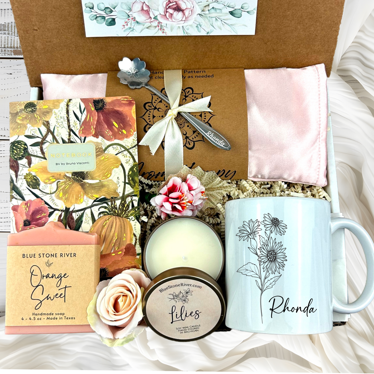 Birth Flower Mug Birthday Gift Basket for Women with Spa Kit