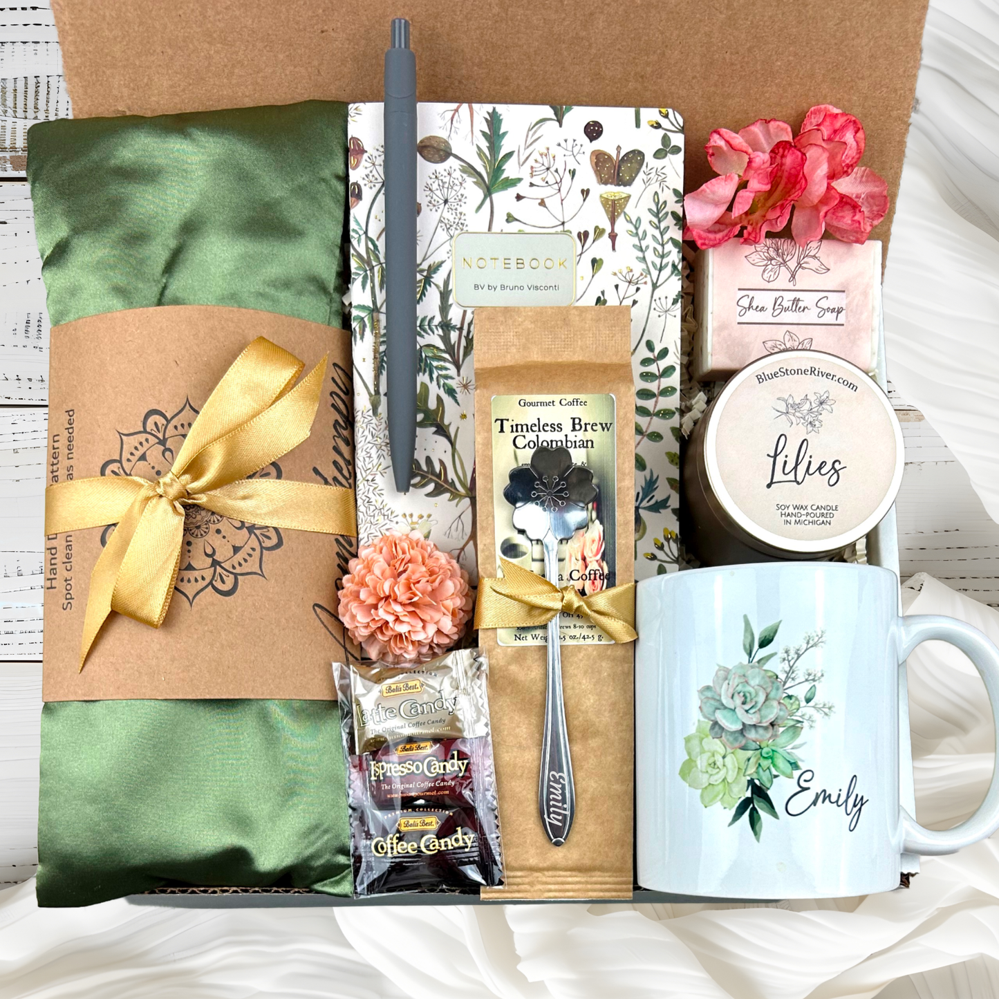 Birthday Gift Basket for Women with Aromatherapy Eye Pillow and Personalized Mug