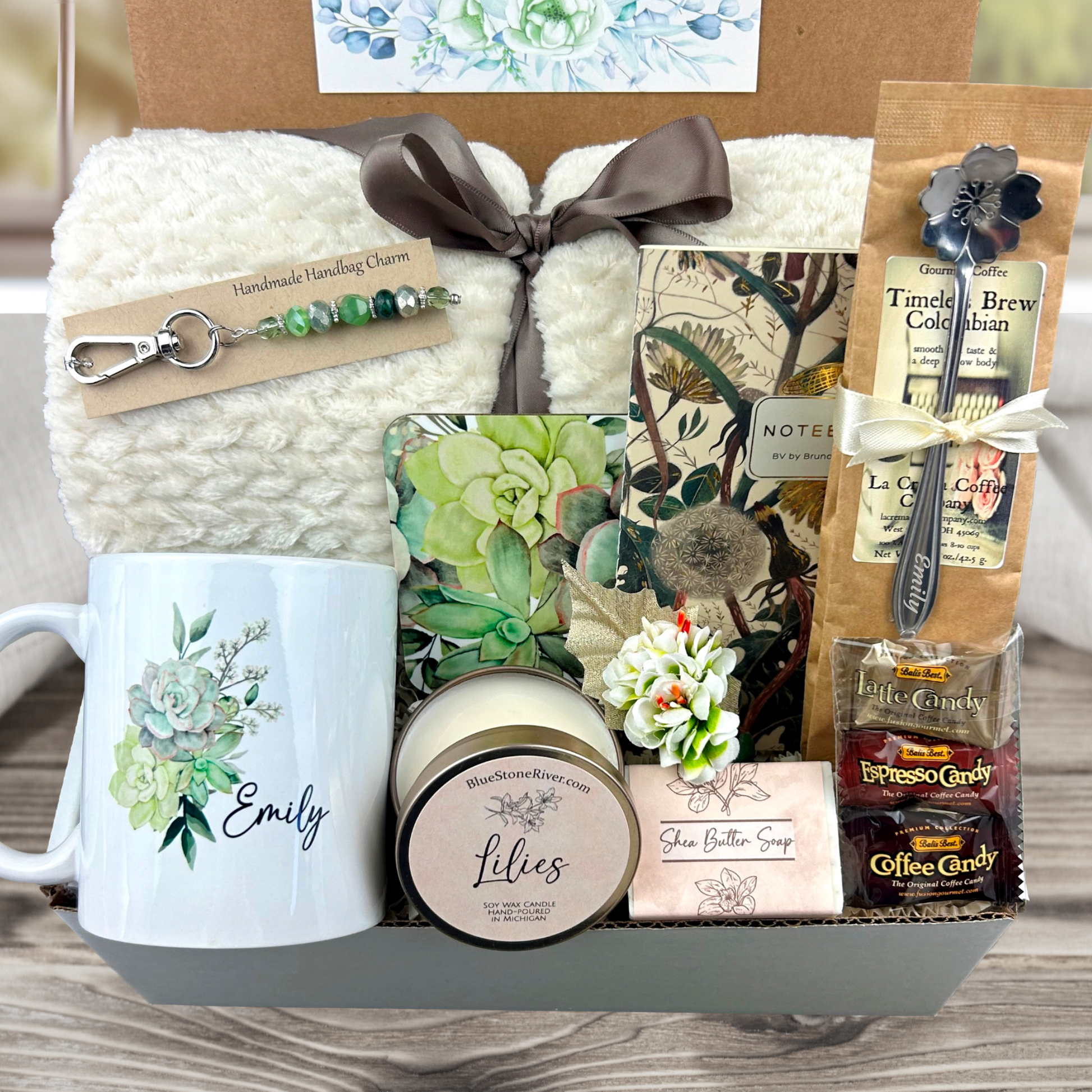 Retirement Gift Box with Blanket, personalized mug, engraved spoon, purse charm, coffee, candy, candle, notebook, soap and coaster in a green succulent design